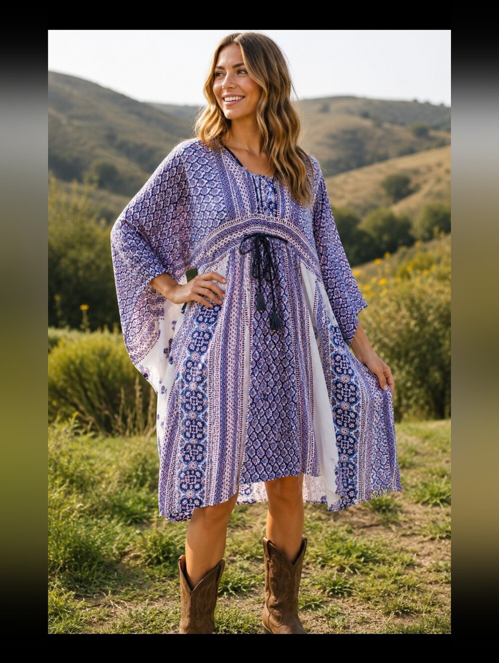 VTG 70s Indian Cotton Block Print Kaftan Dress Med 6 8 10 Boho Hippie Tunic NWOT